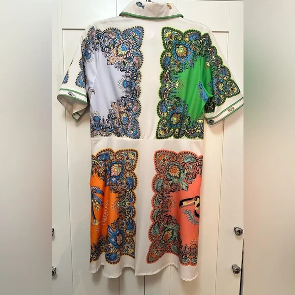 Colorful Shirt Dress Button Front Short Sleeves Vintage Sea Print Sz MED New! - Picture 2 of 3